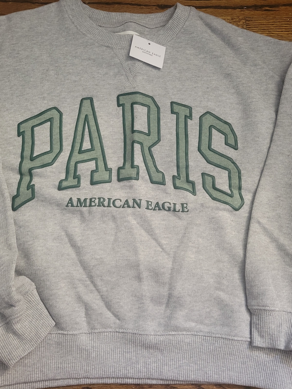 American Eagle Outfitters Light Gray Crewneck with Green PARIS Graphic